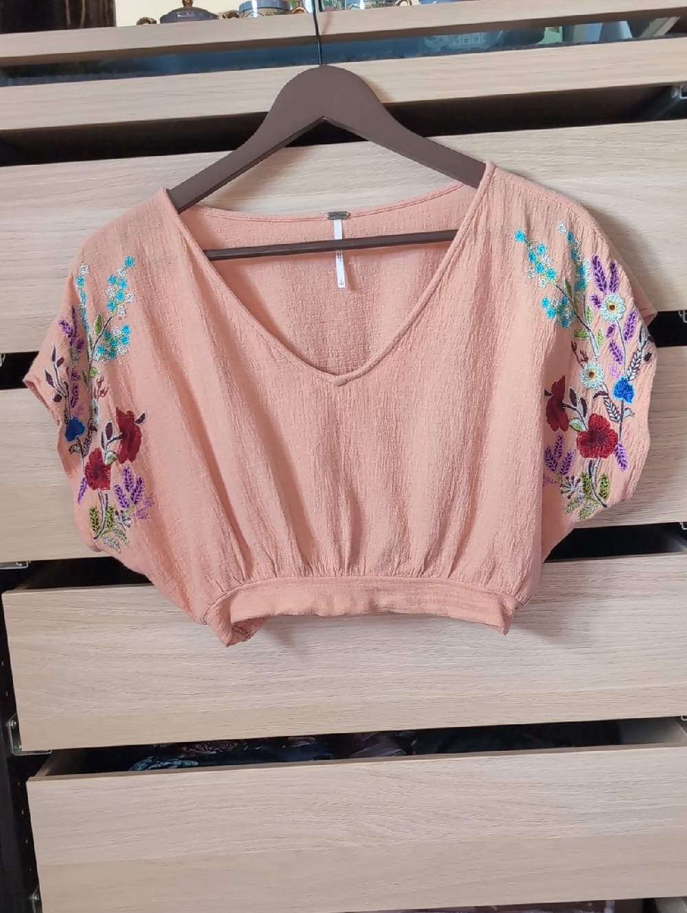 Free People Peach Embroidered V-Neck Crop Top